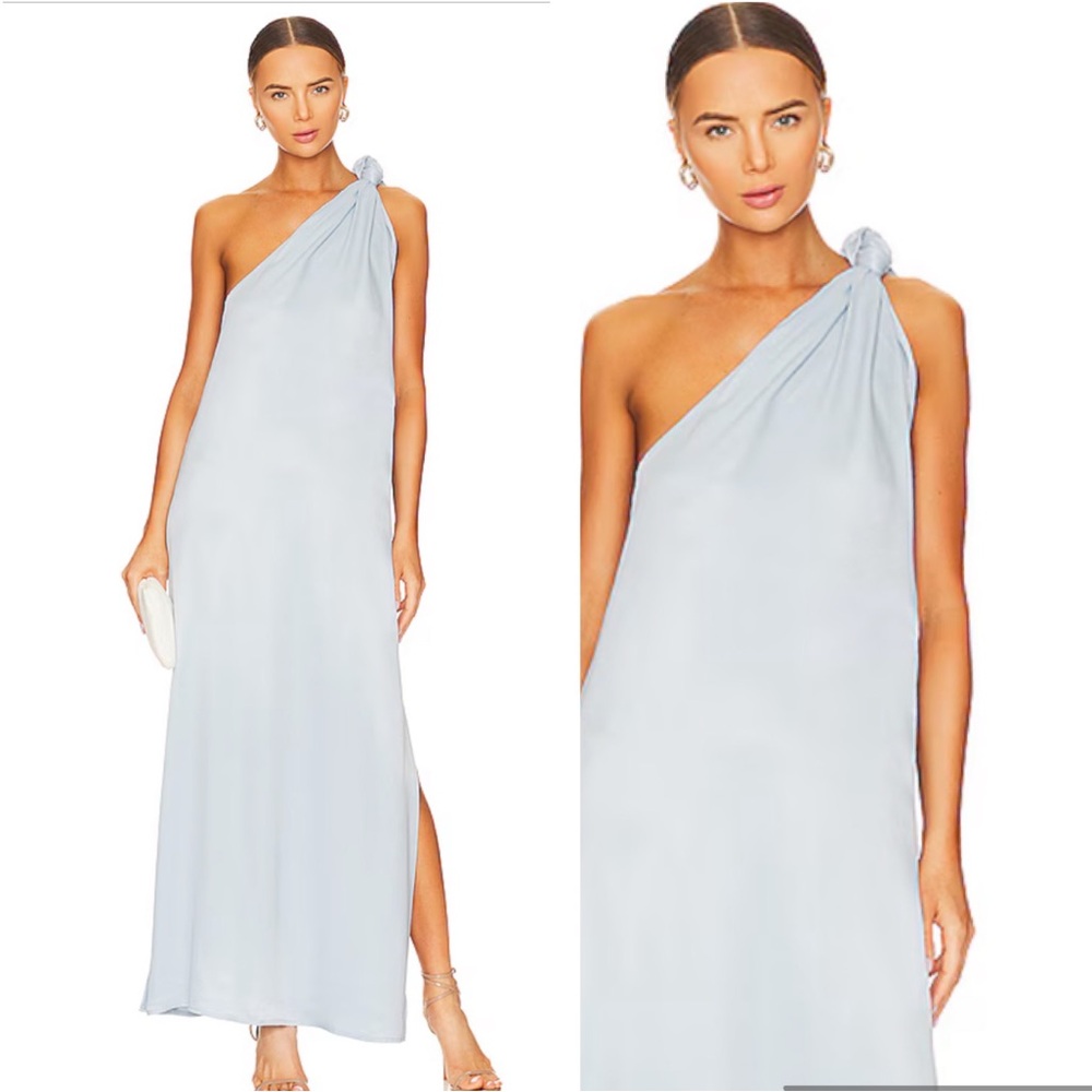 SELMACILEK $450 One Sleeve Satin Maxi Dress in Baby Blue